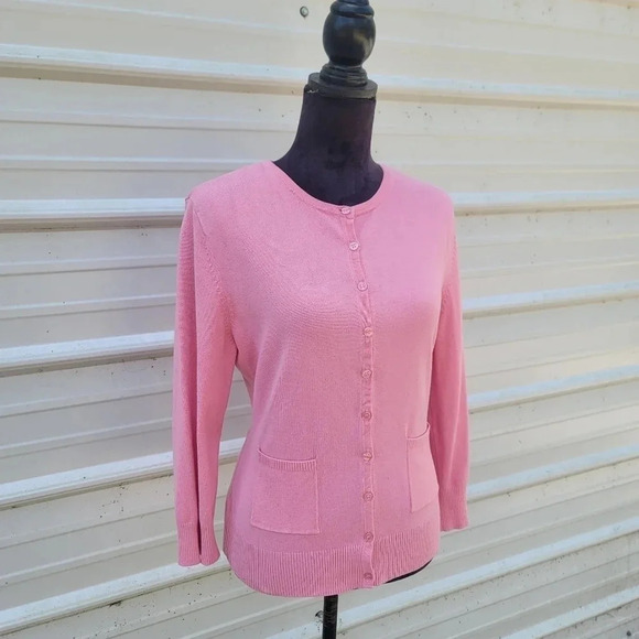 George Cardigan Sweater Ladies M 8/10 Pink Rayon Nylon Buttons 3/4 Sleeve Pocket - Picture 2 of 9